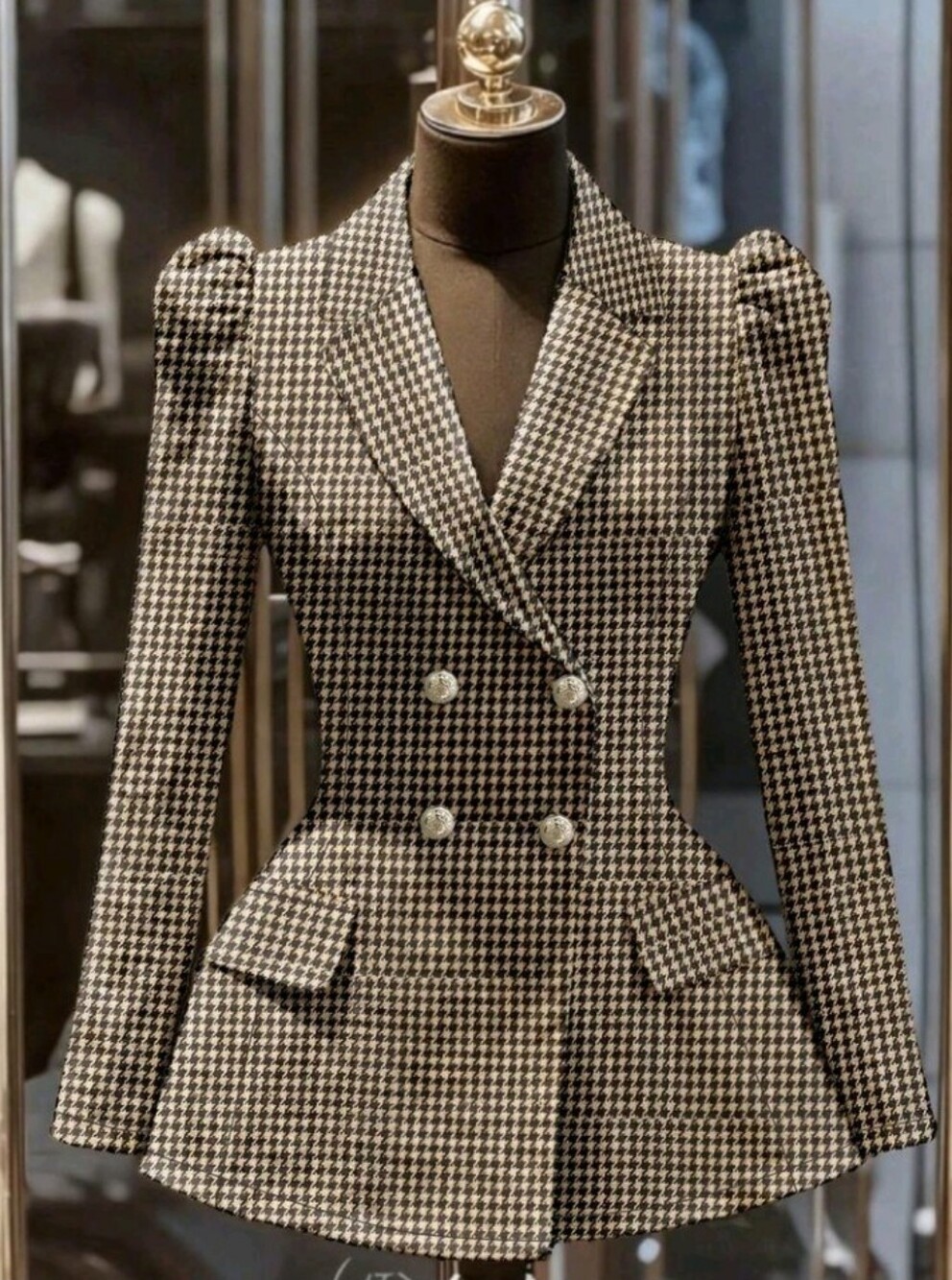 Black And White Checkered,Autumn,Elegant,Office,Commuter Chic Cinched Waist